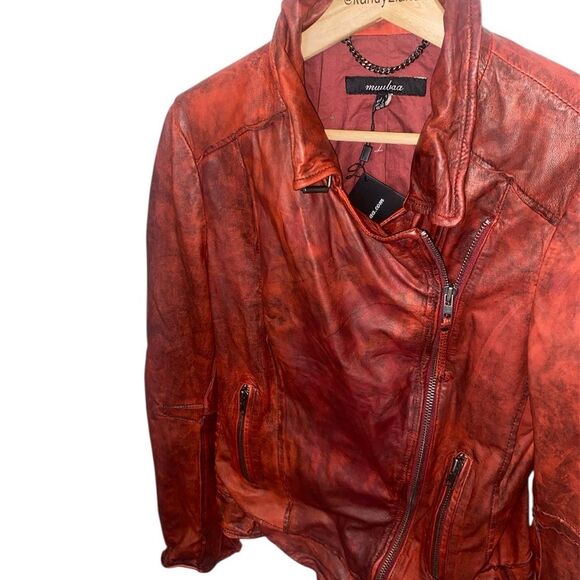 MUUBAA Women’s Cherry Red Moto Biker Leather Jacket - Picture 5 of 10